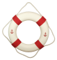 Preview: Dieser maritime Deko-Rettungsring in Cremeweiß und Rot mit Anker-Motiv, ist ein echter Hingucker.  Mit einer Größe von 50 cm eignet er sich perfekt für die maritime Dekoration. Das Material besteht aus Styropor und ist mit Leinenstoff umnäht und ist somit