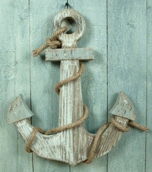 Deko Holz Anker mit Kordel Wandhänger maritime Dekoration weiß/grau gewischt 39 cm Küstenambiente
