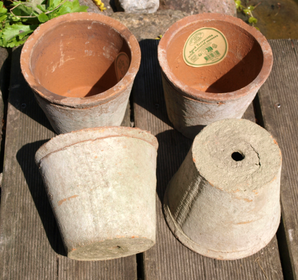 4er Set Pflanztöpfetöpfe mit Ablaufloch, im antiken Landhaus-Stil gestaltet, mit künstlichen Alterungsspuren versehen. Ideal zur Pflanzenanzucht oder einfach als Deko für Balkon und Garten. Aus Terrakotta mit Patina.  Maße je Blumentopf: Höhe 10 cm, Ø obe