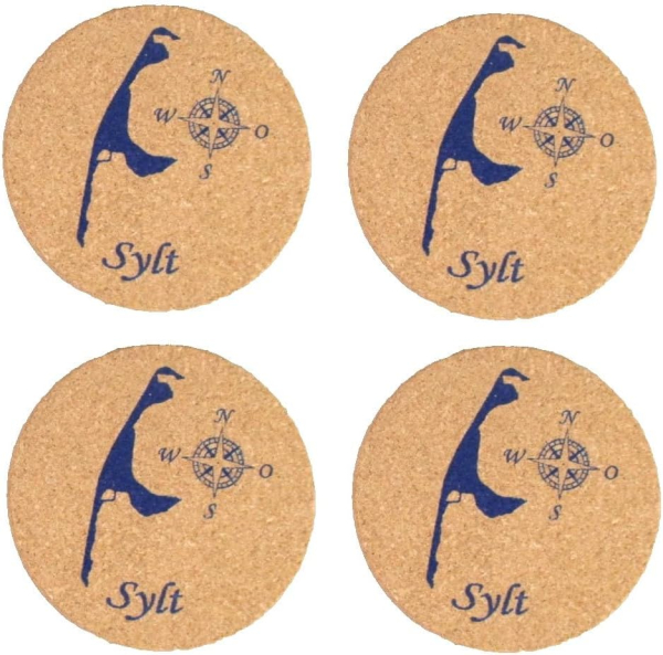 4er Set Maritime Kork Untersetzer Ø 11cm Höhe 8mm Sylt Windrose Inselsilhouette Glasuntersetzer