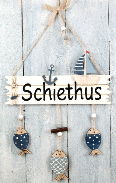 Holz Türschild Schiethus Anker Boot 3 Fische maritime Bad Deko WC Schild 50x24cm